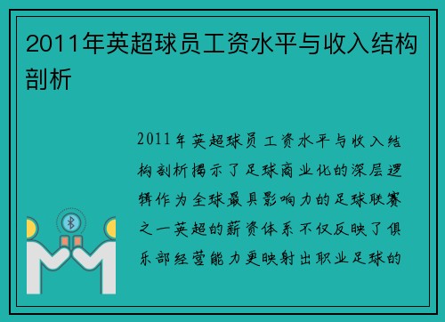 2011年英超球员工资水平与收入结构剖析
